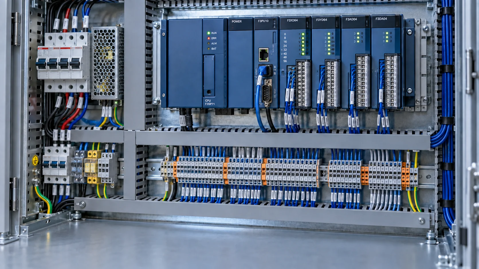 Illustrative PLC control panel in an electrical cabinet