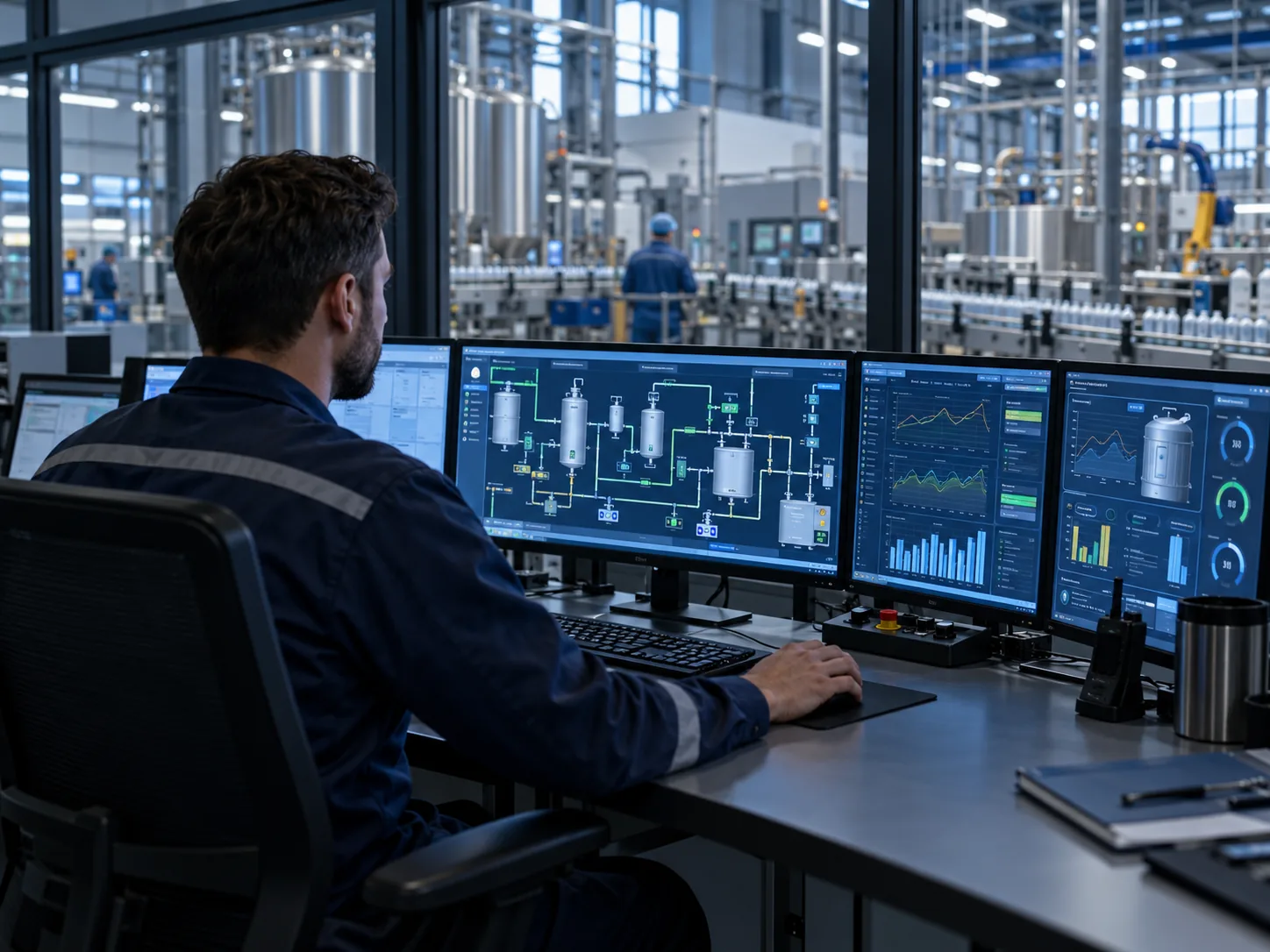 Operator reviewing HMI and SCADA displays in a control room